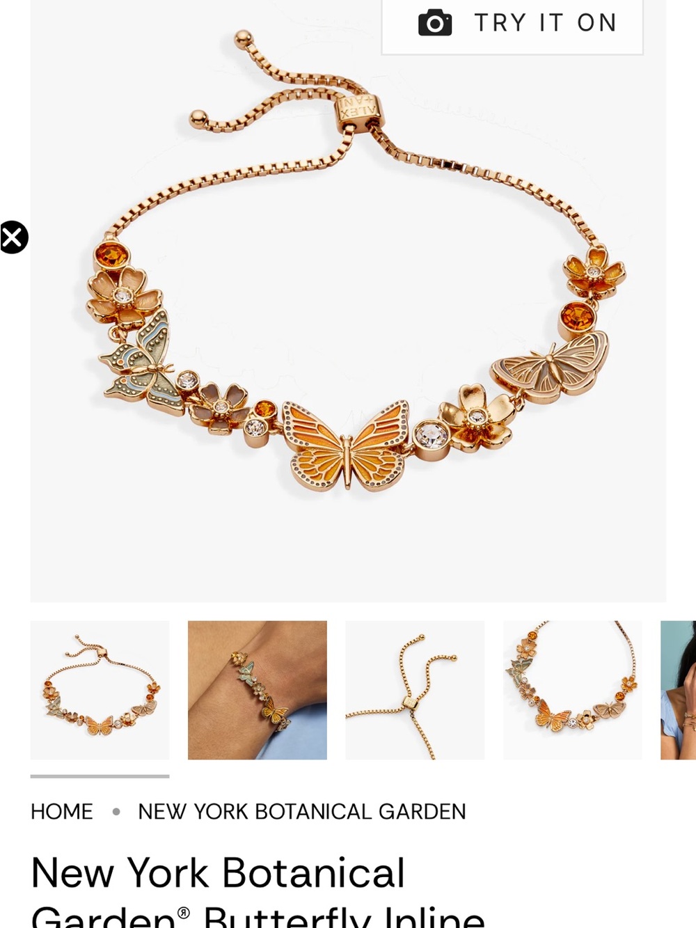 Alex and Ani Rose Gold Butterfly and Floral Slider Bracelet with Orange Accents